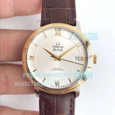 Swiss Replica Omega De Ville White Dial Gold Bezel Brown Leather Strap Watch